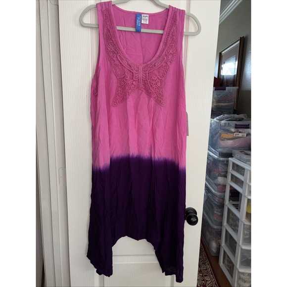 Beach By Exist Dresses & Skirts - IslanD Beach Tie Dye Ombre Purple And Pink Butterfly Neck‎ Sleeveless Dress Sz L